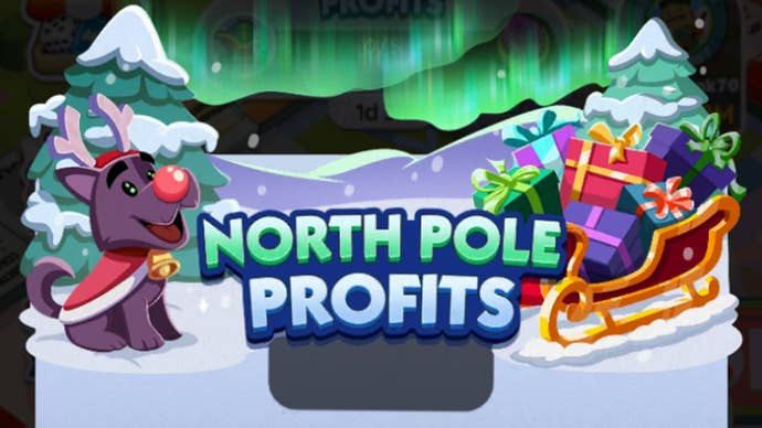 Artwork for the Monopoly Go North Pole Profits event, showing the Monopoly mascot’s dog Scottie in a Christmas outfit next to a sleigh.