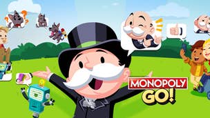 Artwork for Monopoly Go showing the Monopoly icon surrounded by cartoon characters looking happy.