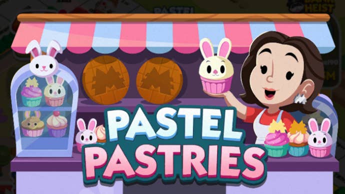 Monopoly Go artwork for the Pastel Pastries event, showing a character at a stall selling cupcakes.