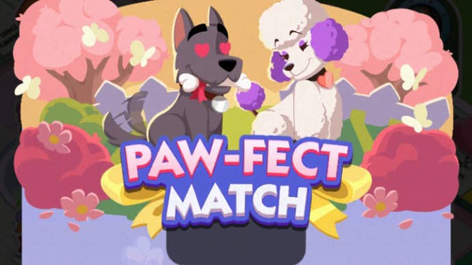 Artwork for the Monopoly Go Paw-Fect Match event showing two cute dogs in love.
