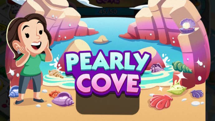 Artwork for the Monopoly Go Pearly Cove event, showing a happy cartoon-style character in a cove which has lots of seashells.