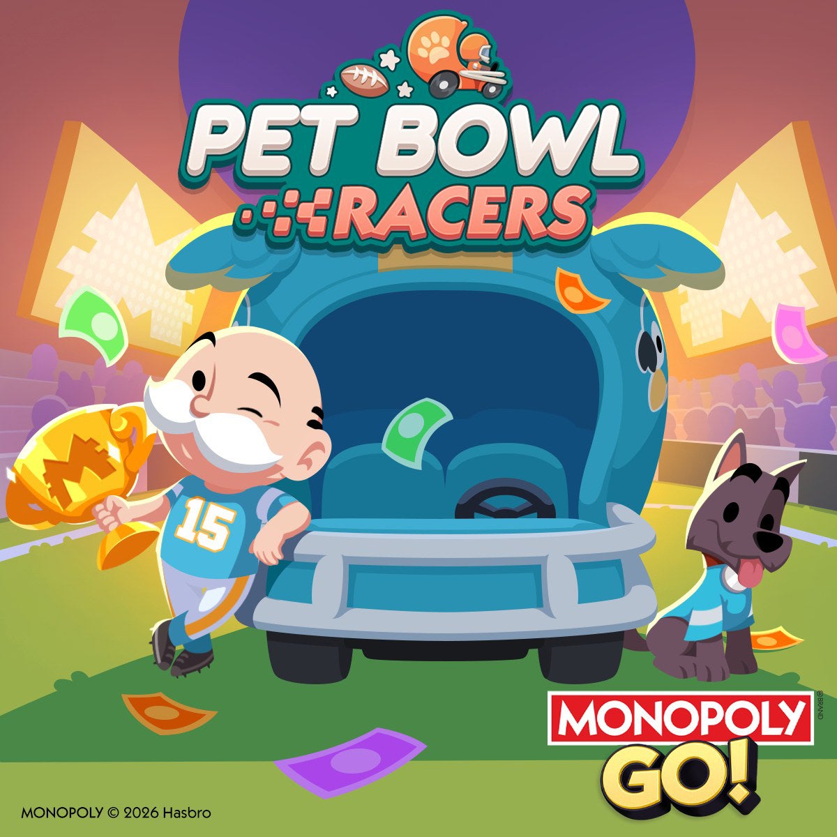 Artwork for the Monopoly Go Pet Bowl Racers event showing the Monopoly mascot and his dog Scottie wearing NFL-style outfits and next to a vehicle shaped like an American football helmet. - 4
