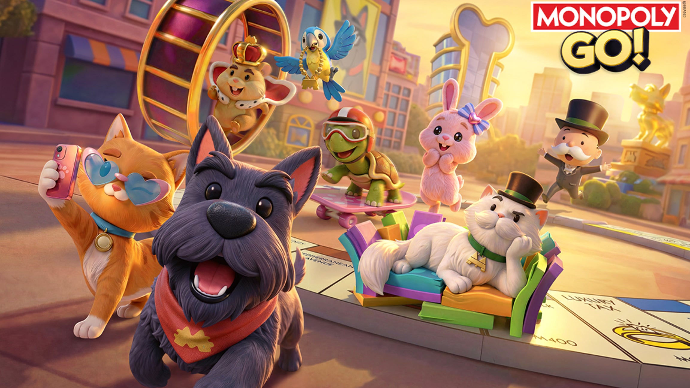 Artwork for the Monopoly Go Pets Season, showing some of the cute animal characters that are a part of it. - 3