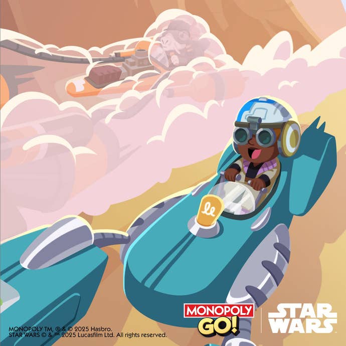 Monopoly Go artwork for the Pod Racers event, showing a character riding a Star Wars race ship.