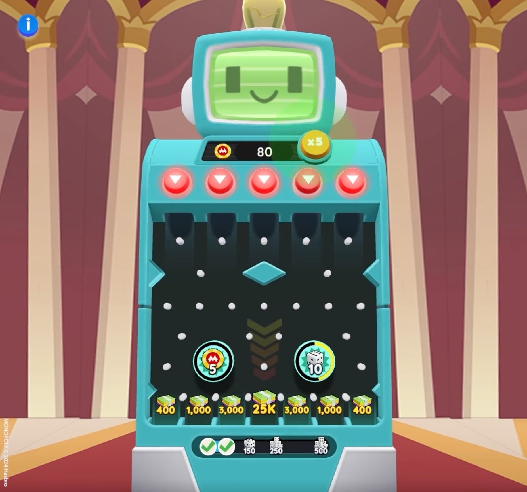 The Peg-E machine in Monopoly Go, which players drop coins into at the top that fall down and hit pins and bumpers before landing in a slot. - 3