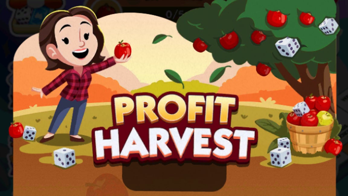 Artwork for the Monopoly Go Profit Harvest event, showing a smiling character picking apples from a tree. - 1