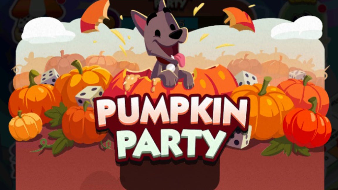 Artwork for the Monopoly Go Pumpkin Party event showing the Monopoly mascot's dog Scottie in a field full of pumpkins. - 1