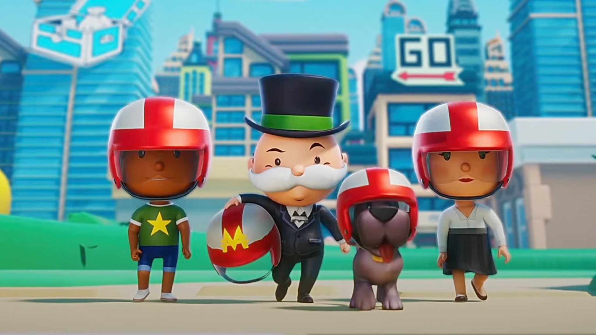 Promotional image for the Monopoly Go Tycoon Racers event, showing the Monopoly mascot with a team of racers. - 3