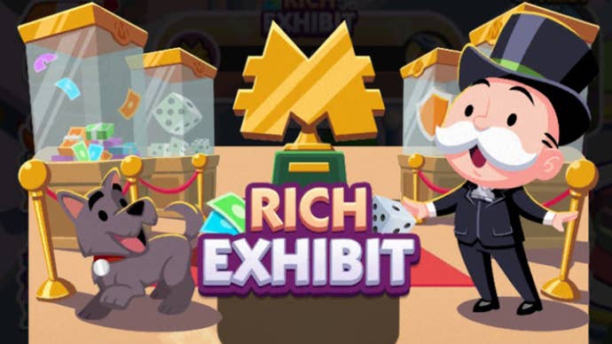 Artwork for the Monopoly Go Rich Exhibit event showing the Monopoly mascot standing in a gallery-style exhibition.