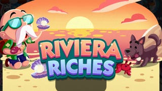 Artwork for the Monopoly Go Riviera Riches event, showing the Monopoly mascot at the beach with his dog Scottie.