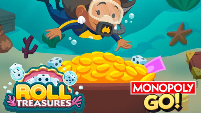 Artwork for the Monopoly Go Roll Treasures event, showing a character diving to get a treasure chest from the bottom of a sea.