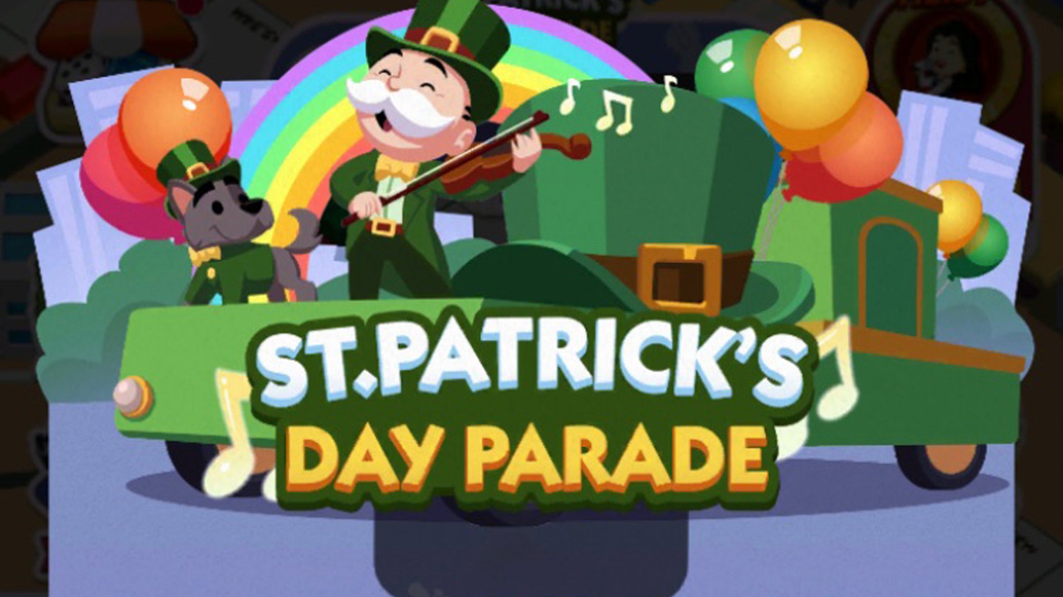 Artwork for the Monopoly Go St Patrick's Day Parade event, showing the Monopoly mascot dressed in a green outfit. - 1