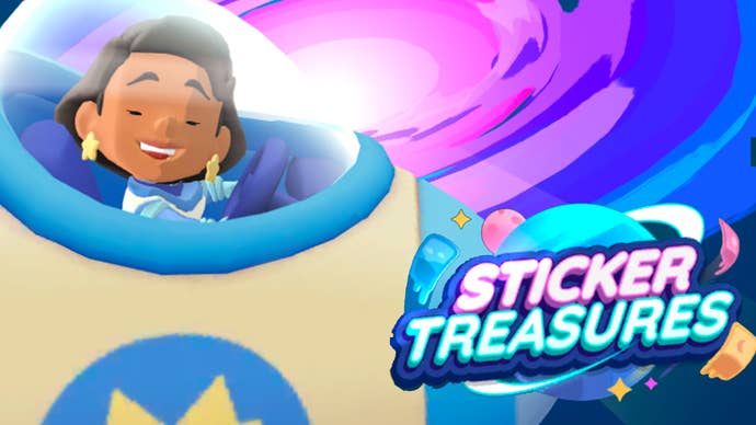 Artwork for the Monopoly Go Sticker Treasures event showing a smiling character piloting a spaceship.