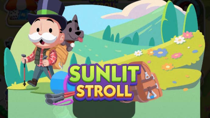 Monopoly Go artwork for the Sunlit Stroll event, showing the Monopoly mascot walking in an area full of green fields and hills.