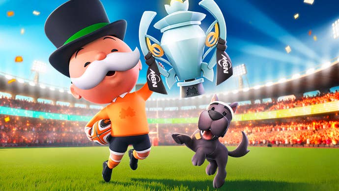 Artwork for the Monopoly Go Super Saturday event, showing the Monopoly mascot holding the Six Nations trophy.