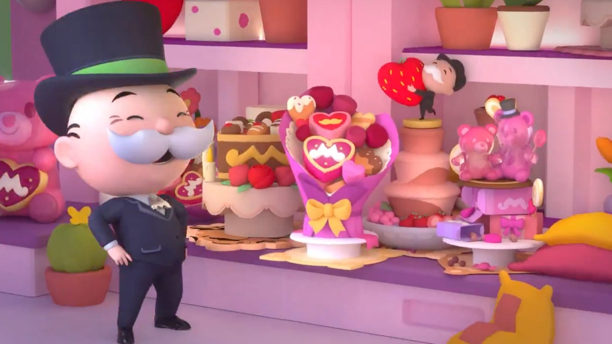 Monopoly Go artwork for the Sweet Partners event showing the Monopoly mascot standing next to lots of delicious cakes. - 1