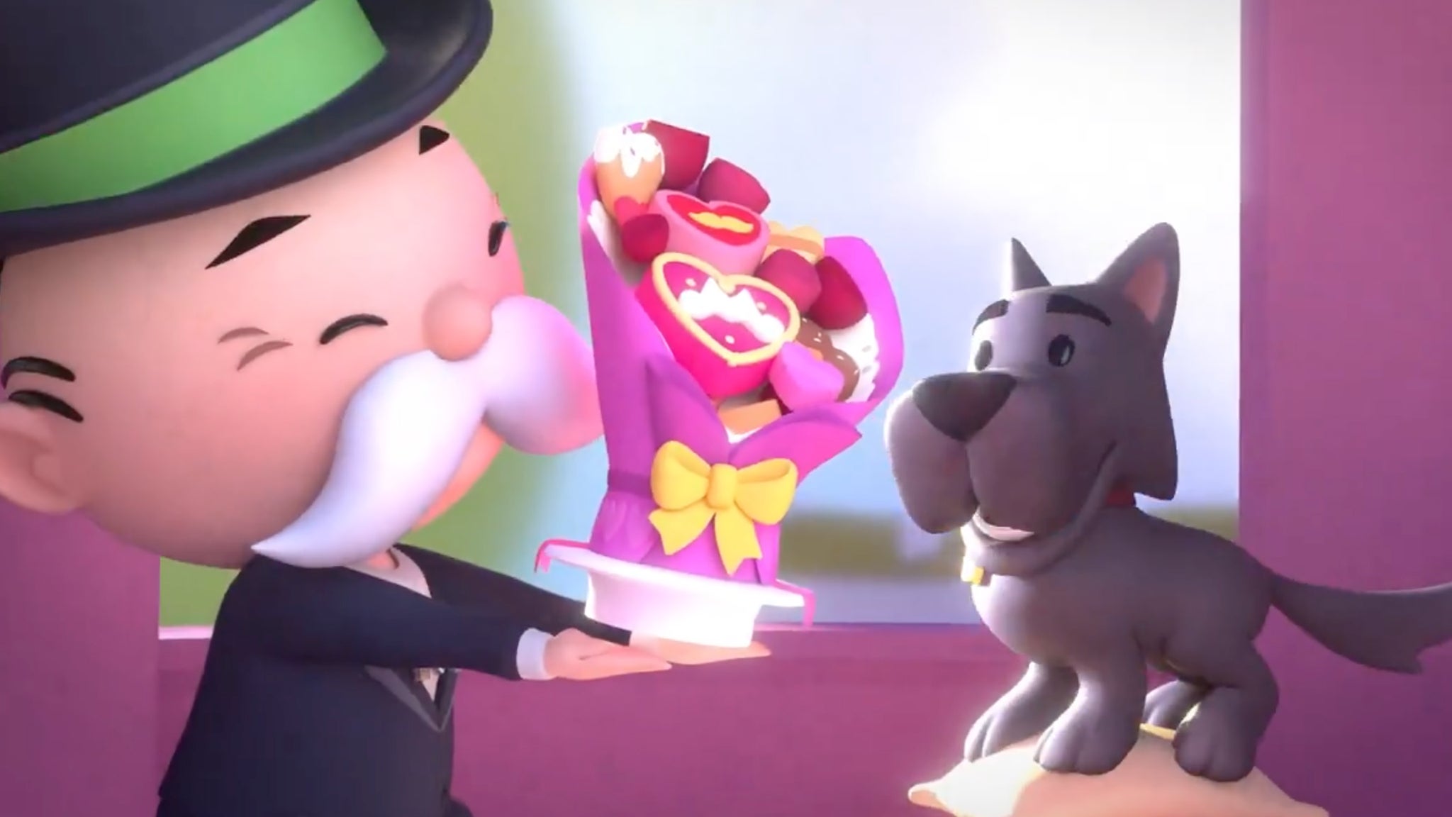 The Monopoly mascot gives his dog Scottie some flowers, in artwork for the Sweet Partners event that launched for Valentine's Day 2025. - 3