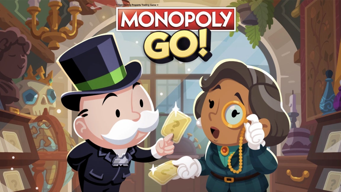 Monopoly Go artwork showing the Monopoly mascot - who is called Mr Monopoly - trading a sticker with another character. - 1