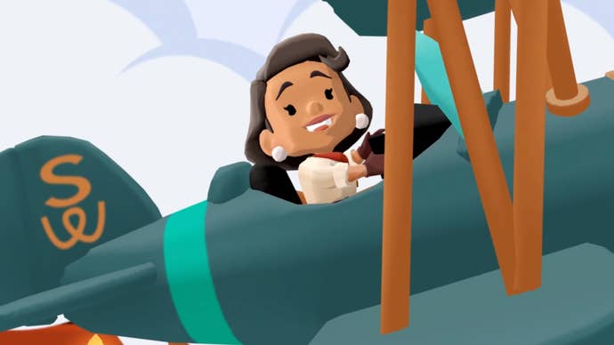 A female character riding a plane in the opening cutscene to the Monopoly Go Treasures event.