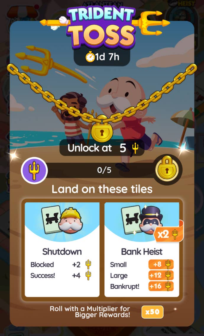 A menu screen for the Monopoly Go Trident Toss tournament, which explains how the event works.