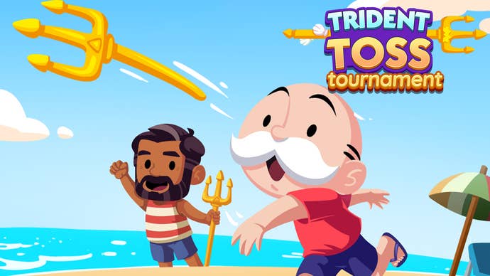 Monopoly Go artwork for the Trident Toss tournament, that depicts the Monopoly mascot throwing a trident on a beach.