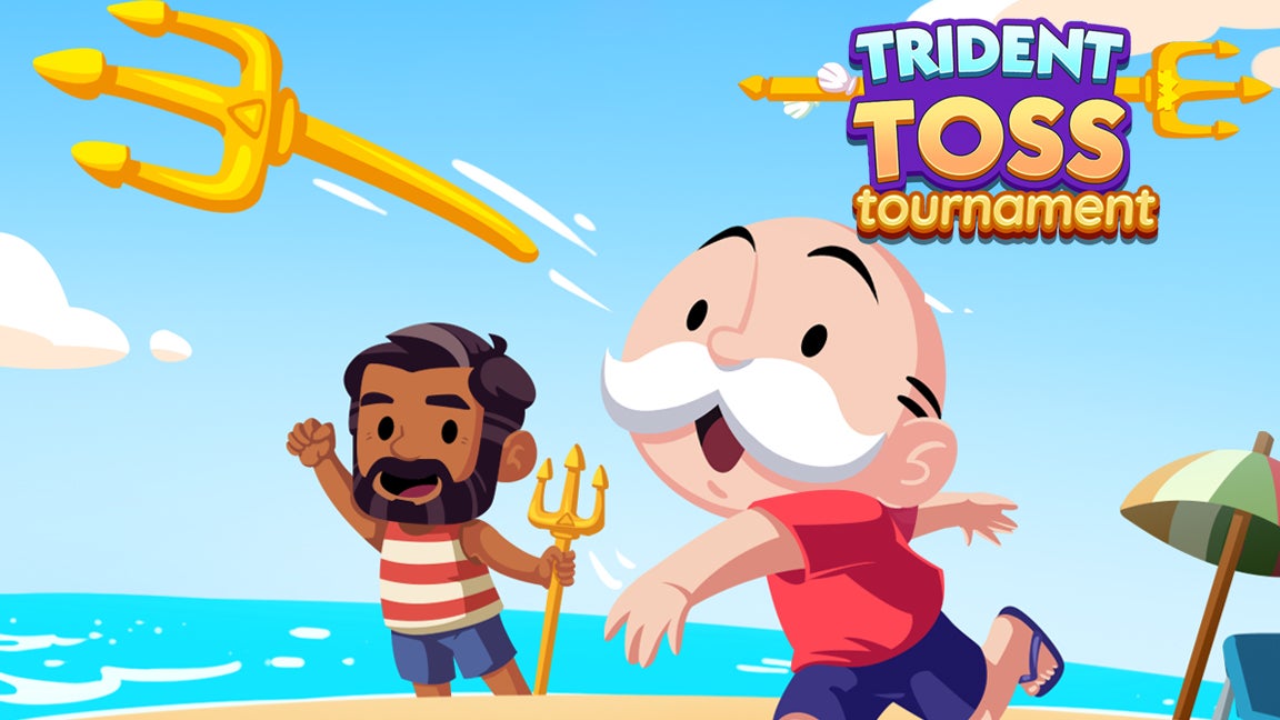 Monopoly Go artwork for the Trident Toss tournament, that depicts the Monopoly mascot throwing a trident on a beach. - 1