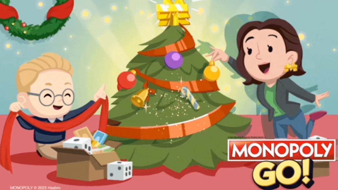 Artwork for the Monopoly Go Twinkle Tree Event showing a mother and her child by a twinkling Christmas tree. - 1