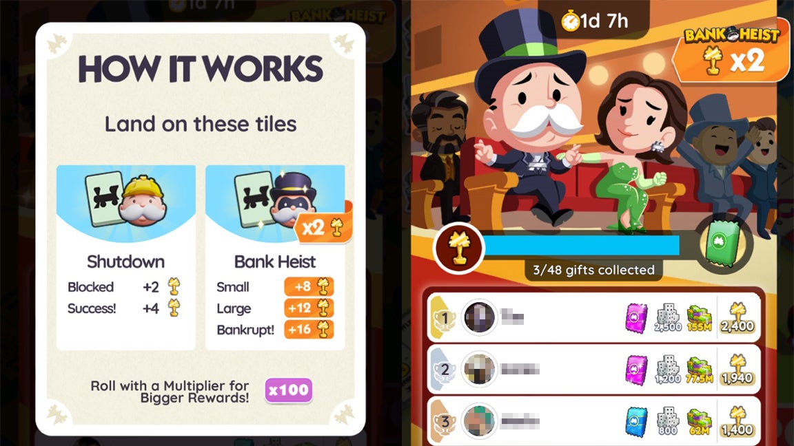 Menu screens in Monopoly Go, showing how to play Tycoon Awards and some of the rewards on offer in the tournament. - 3