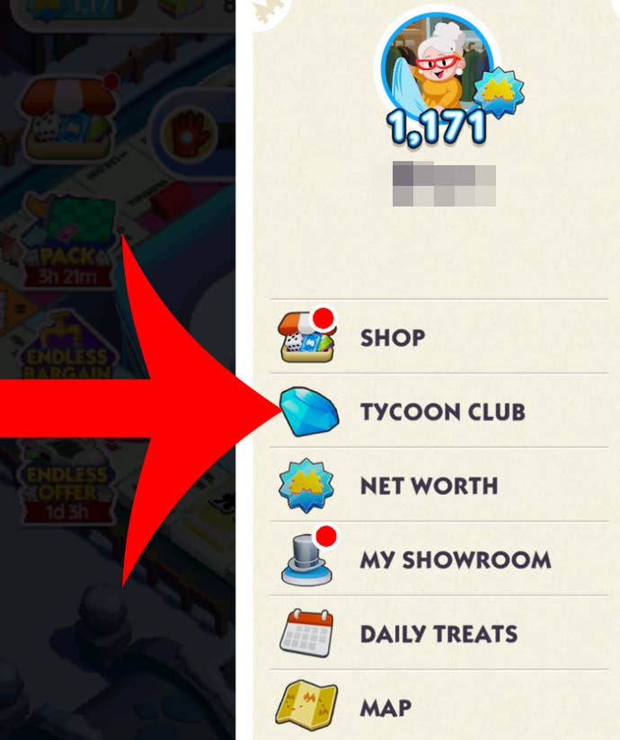 An arrow pointing to the Tycoon Club button in Monopoly Go.