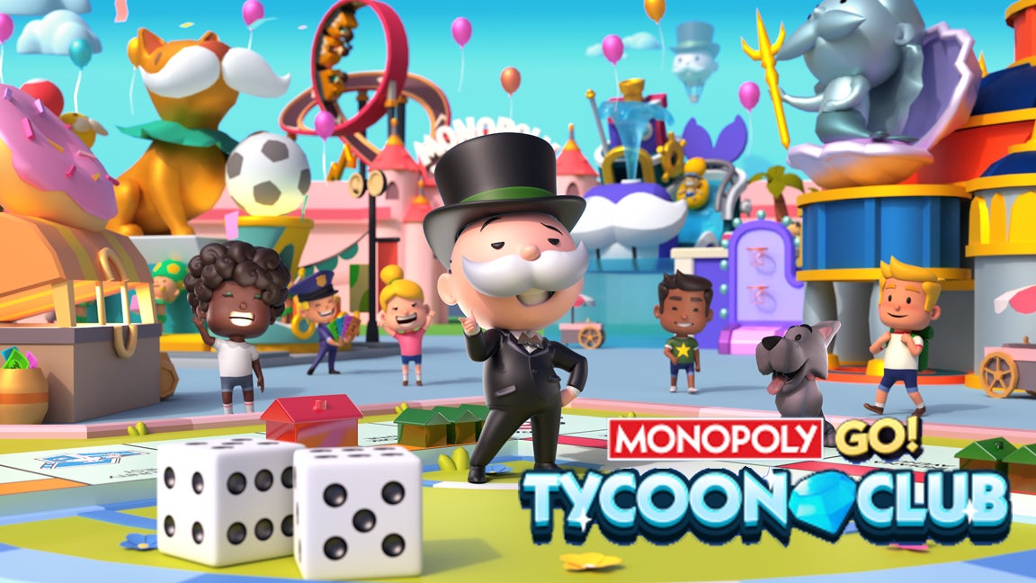Monopoly Go artwork showing the Monopoly mascot on a board, with a pair of dice and the Tycoon Club logo. - 1