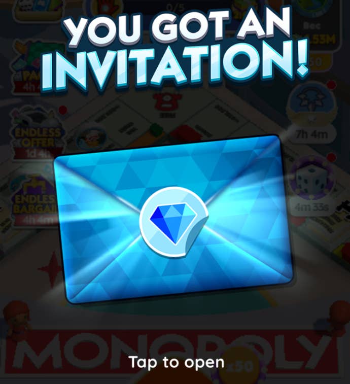 A notification in Monopoly Go showing that a player has received a blue envelope with an invitation to the Tycoon Club.
