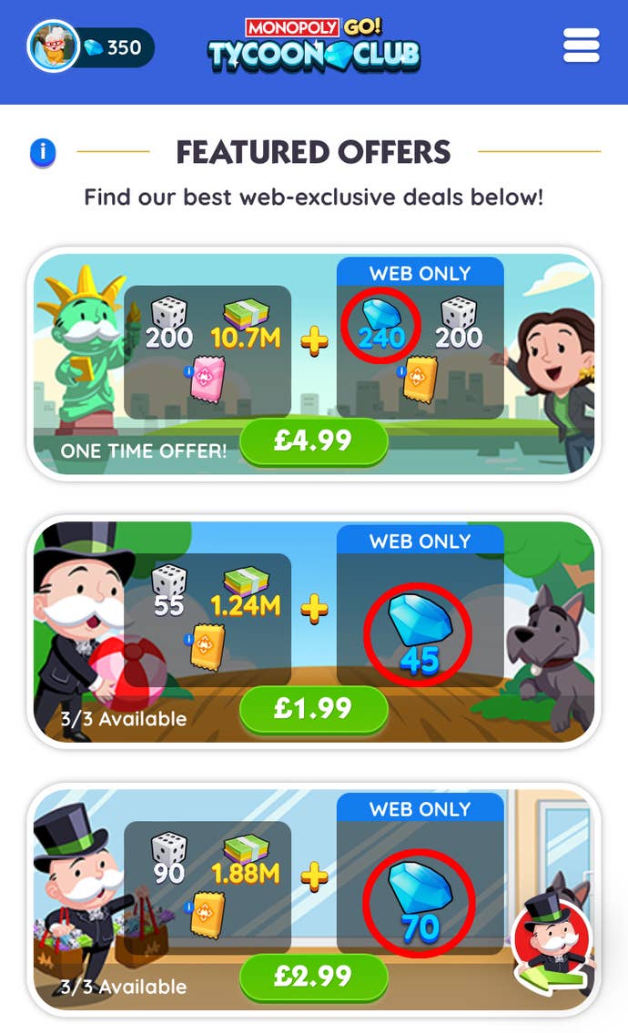 Purchases that players can make in the Monopoly Go Tycoon Club store, with the number of loyalty points for each item highlighted.