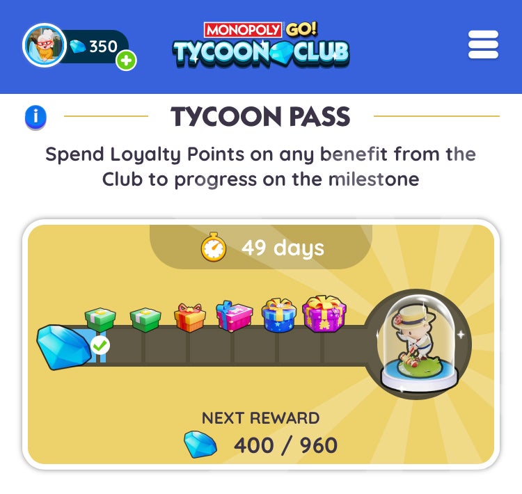The Monopoly Go Tycoon Club website showing the rewards on offer in the Tycoon Pass. - 8
