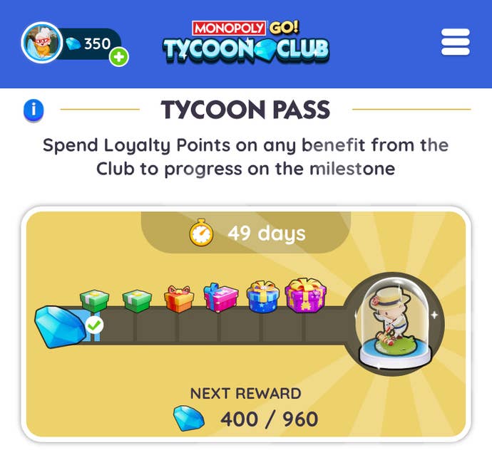 The Monopoly Go Tycoon Club website showing the rewards offered with the Tycoon Pass.