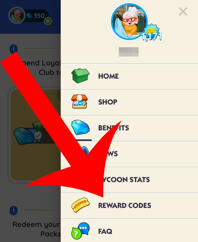 The Reward Codes button on the Monopoly Go Tycoon Club website. - 11