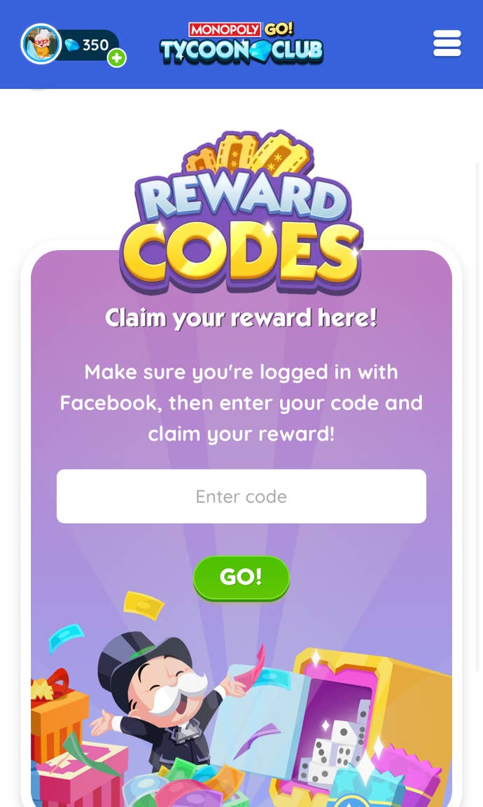 The reward codes page on the Monopoly Go Tycoon Club website.