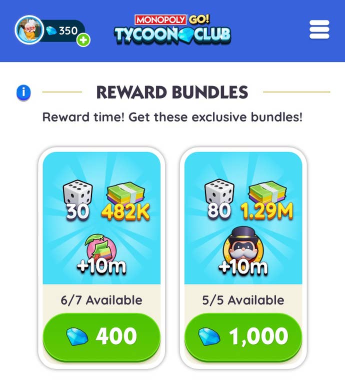 Some of the rewards you can claim use Loyalty Points in the Monopoly Go Tycoon Club Shop.