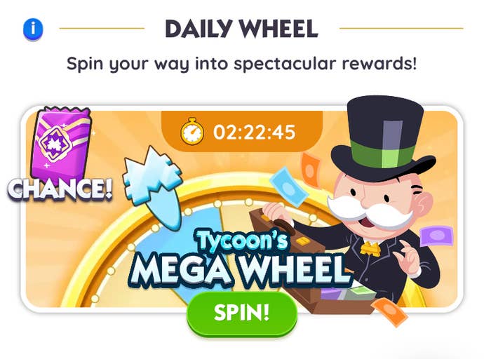 The website of the Monopoly Go Tycoon club and the button that players must press to claim their daily free spins on the wheel.