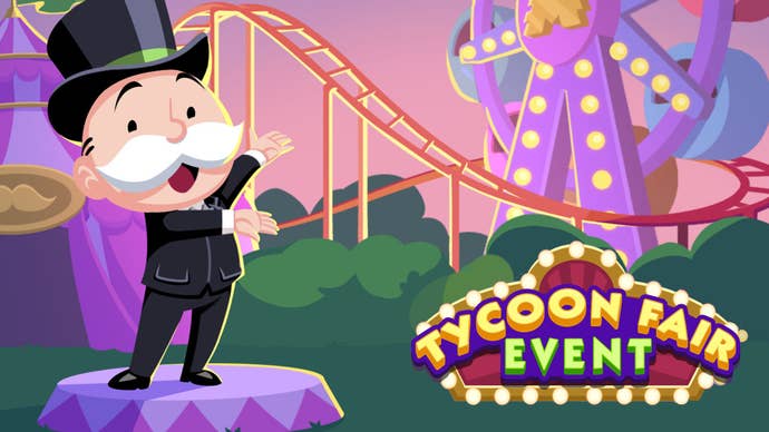 Artwork for the Monopoly Go Tycoon Fair event, showing the Monopoly mascot standing next to an amusement park.