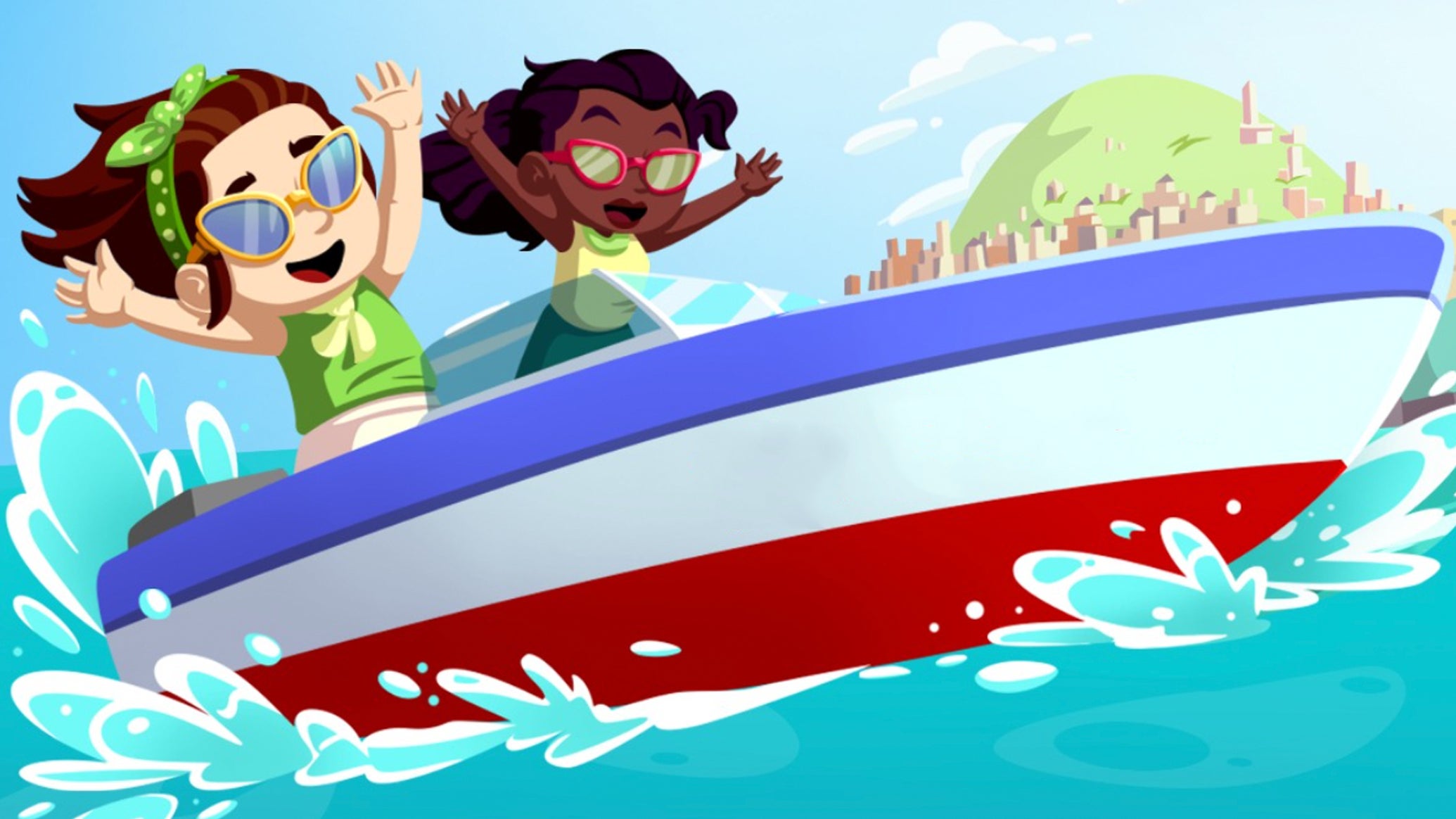 Artwork for the Monopoly Go Vacation Voyage event, showing two cartoon-like characters riding a speed boat looking happy. - 1