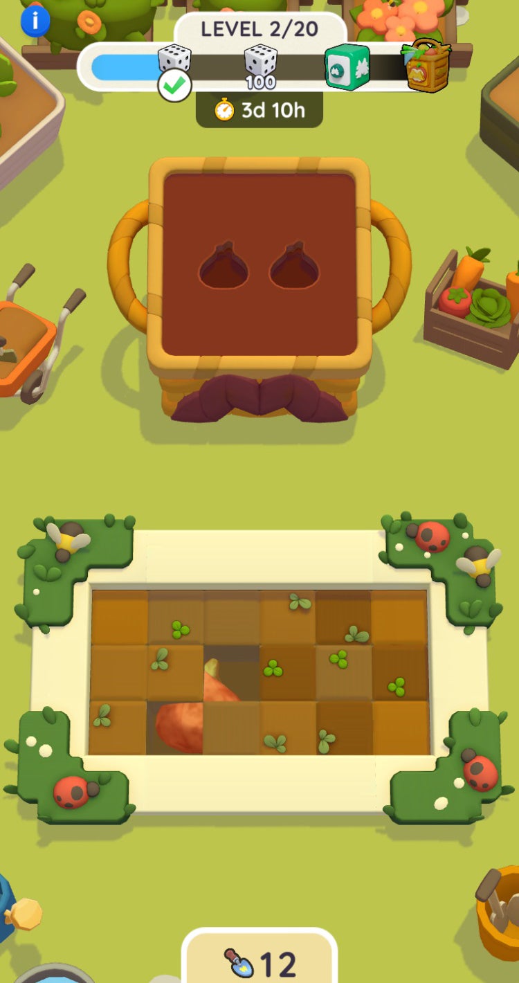 One of the levels in the Monopoly Go Veggie Treasures event, with one piece of buried treasure partially uncovered after the players had dug a few squares. - 3