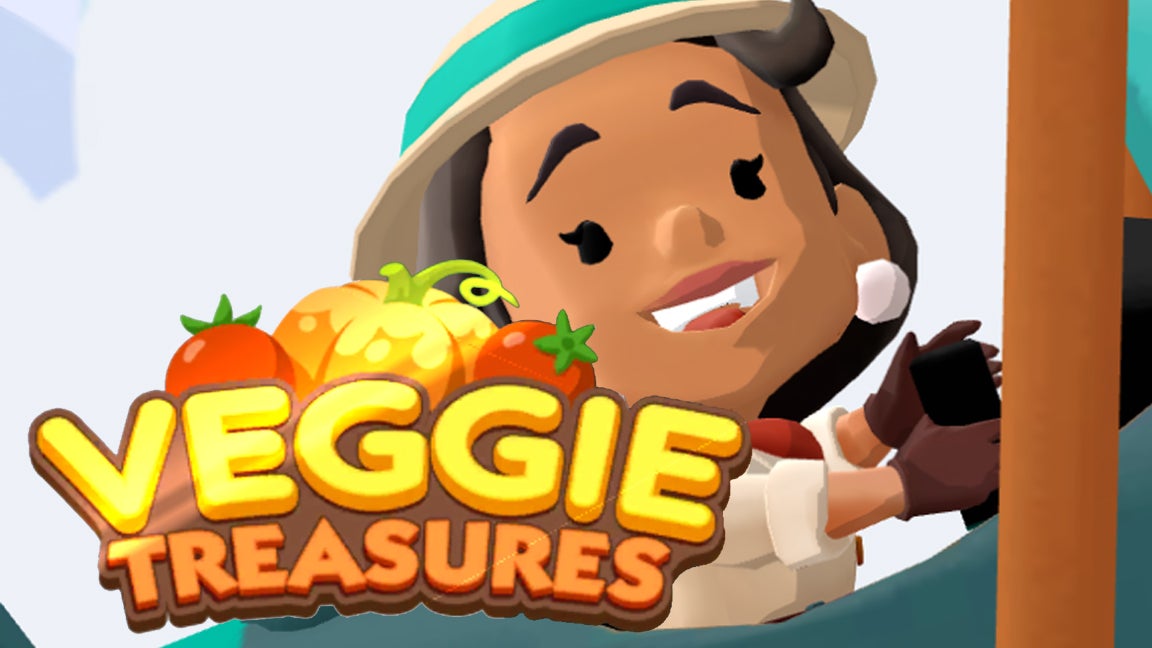 A Monopoly Go character flying a plane and smiling, along with the logo for the Veggie Treasures event. - 1