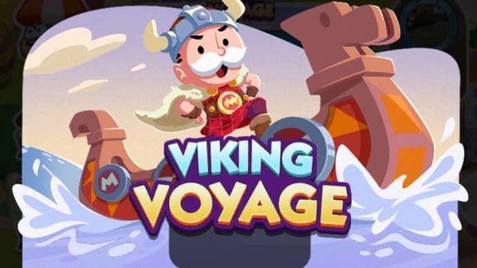Artwork for the Monopoly Go Viking Voyage event, showing the Monopoly mascot riding a viking ship.