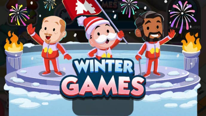 Artwork for the Monopoly Go Winter Games event showing the Monopoly mascot at an Olympics Opening Ceremony-style event.