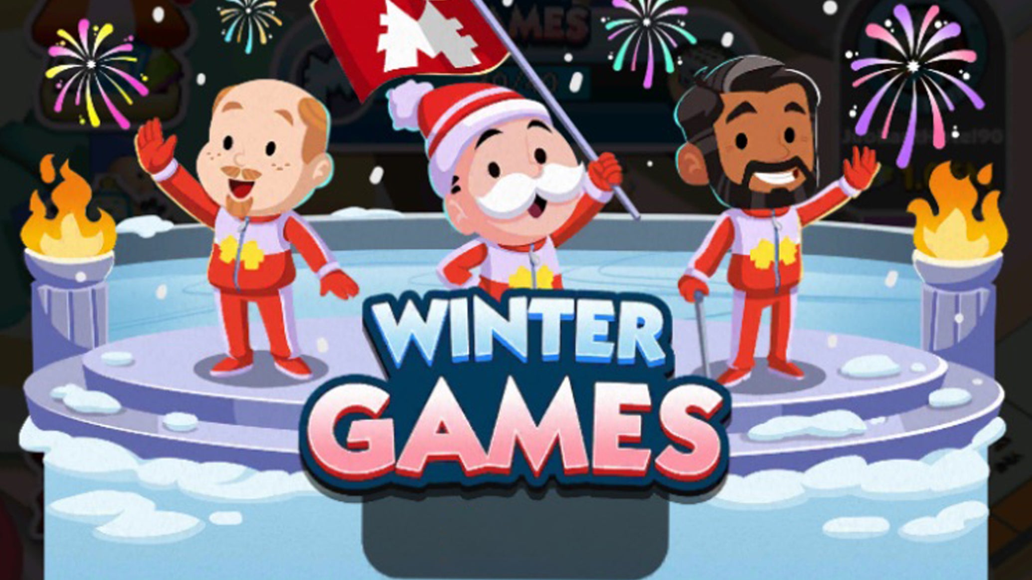 Artwork for the Monopoly Go Winter Games event showing the Monopoly mascot at an Olympics Opening Ceremony-style event. - 1