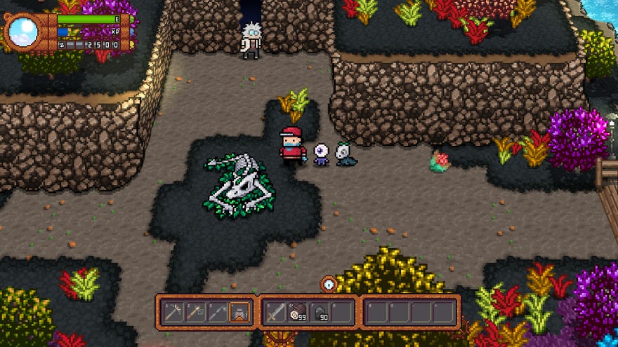 Monster Harvest - The main character in a red hat and shirt stands near the bones of a large creature. Two small Planimals follow behind them. A scientist with glasses and a white coat stands nearby blocking the entrance to a cave.
