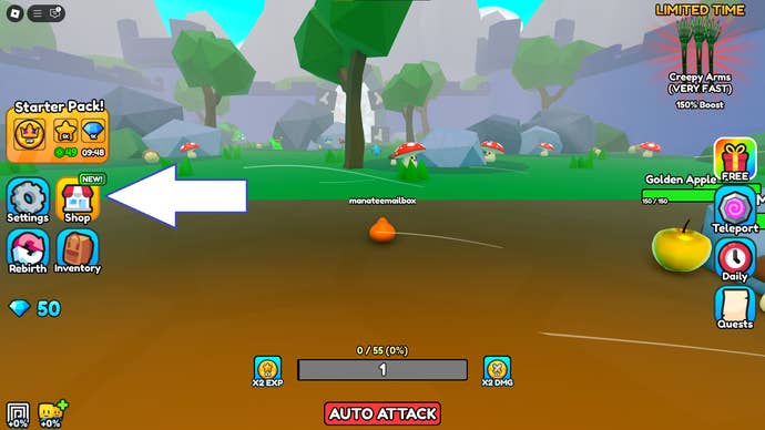 A screenshot of Monster Evolution in Roblox showing the game’s Shop button.