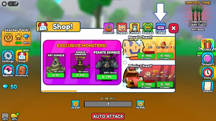 A screenshot of Monster Evolution in Roblox showing the game’s Codes button.