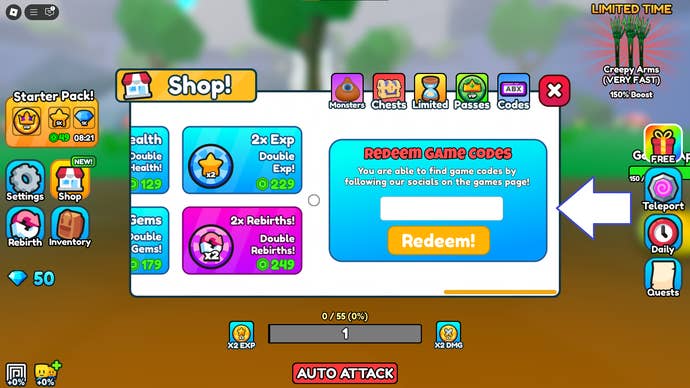A screenshot of Monster Evolution in Roblox showing the game’s codes screen.