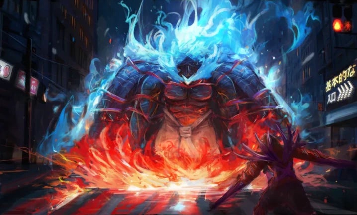 Artwork for the Roblox game Monster Ghoul showing a huge, powerful looking monster standing in a street that appears to be in Tokyo. - 1